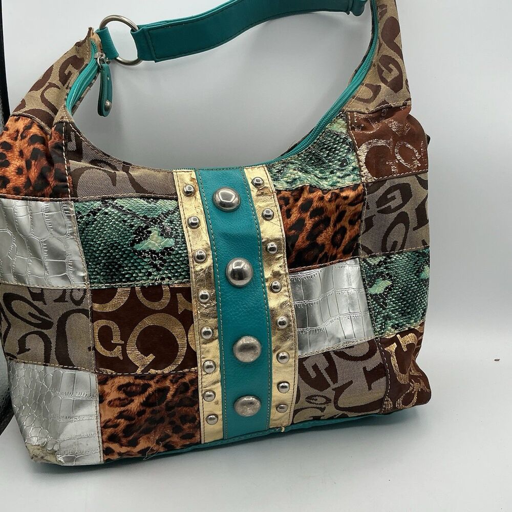 Patchwork Animal Print Shoulder Bag Turquoise Studded Y2K Hobo Purse Boho - Picture 2 of 9